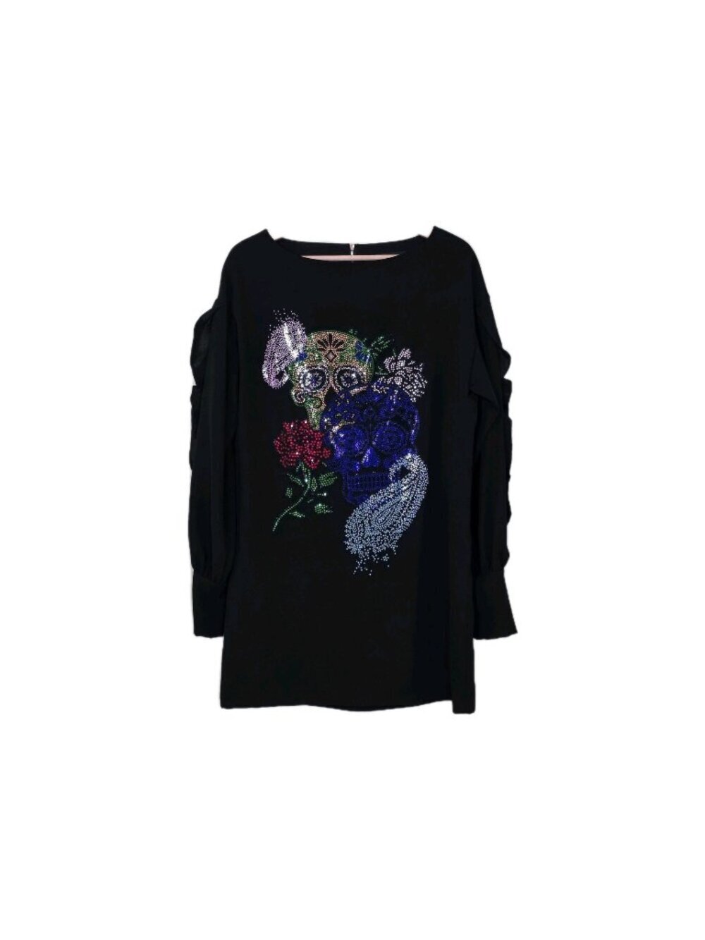 Mangano Tunic Dress 8 Black Dual Sugar Skull Rhinestone Floral Maximalist Glam